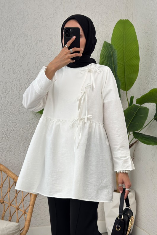 Belden Büzgülü Kimono 0002 - BEYAZ Belden Büzgülü Kimono 0002 - BEYAZ