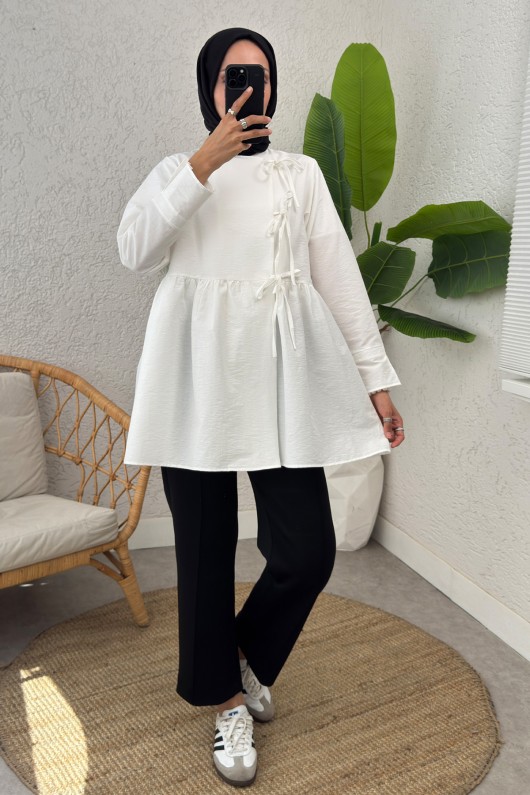 Belden Büzgülü Kimono 0002 - BEYAZ Belden Büzgülü Kimono 0002 - BEYAZ