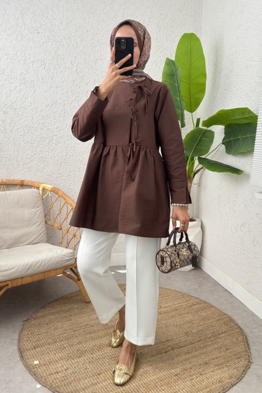 Belden Büzgülü Kimono 0002 - KAHVERENGİ