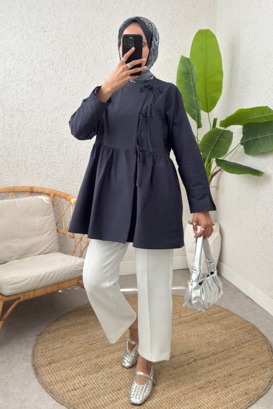 Belden Büzgülü Kimono 0002 - LACİVERT Belden Büzgülü Kimono 0002 - LACİVERT