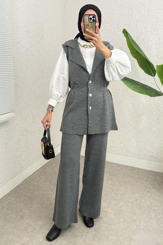 Büzgü Formlu Triko Pantolon Takım 00021 - ANTRASİT Büzgü Formlu Triko Pantolon Takım 00021 - ANTRASİT