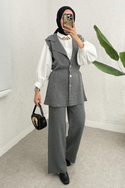 Büzgü Formlu Triko Pantolon Takım 00021 - ANTRASİT Büzgü Formlu Triko Pantolon Takım 00021 - ANTRASİT