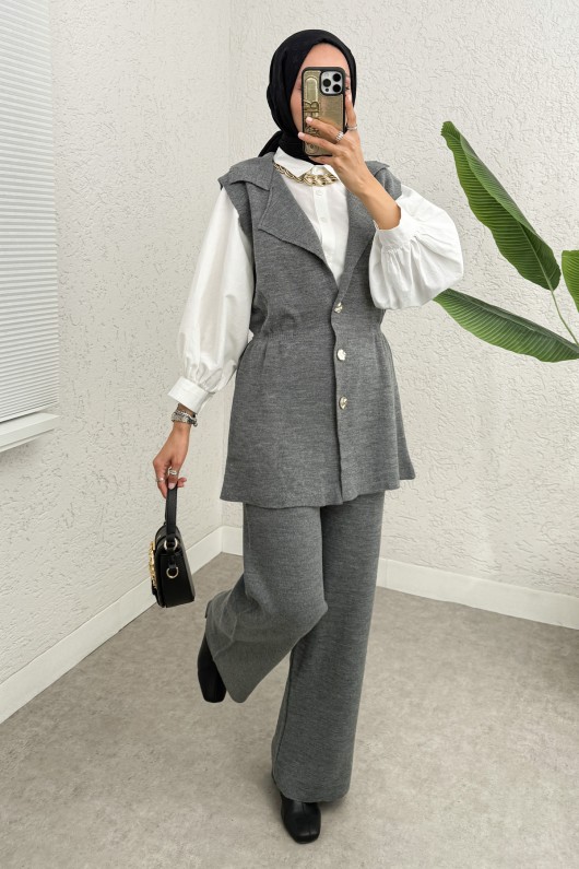 Büzgü Formlu Triko Pantolon Takım 00021 - ANTRASİT Büzgü Formlu Triko Pantolon Takım 00021 - ANTRASİT