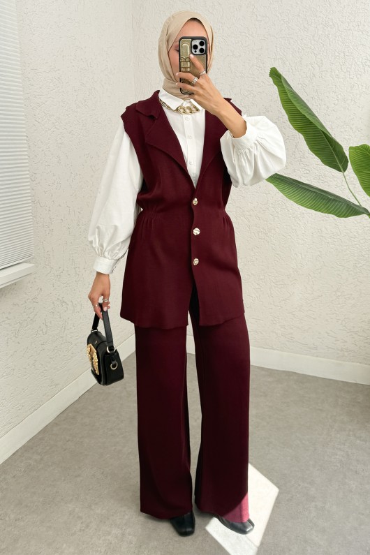 Büzgü Formlu Triko Pantolon Takım 00021 - BORDO Büzgü Formlu Triko Pantolon Takım 00021 - BORDO