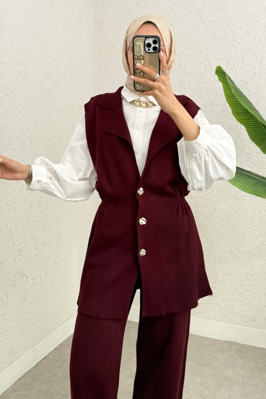 Büzgü Formlu Triko Pantolon Takım 00021 - BORDO Büzgü Formlu Triko Pantolon Takım 00021 - BORDO