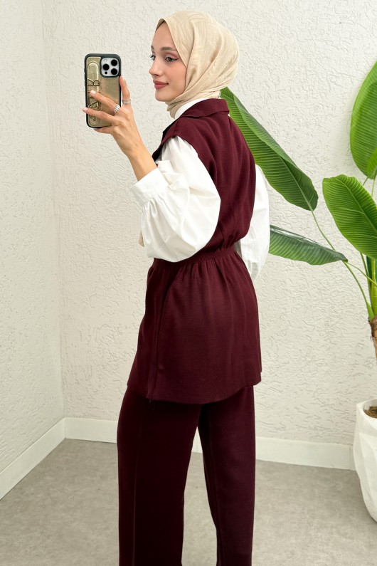 Büzgü Formlu Triko Pantolon Takım 00021 - BORDO Büzgü Formlu Triko Pantolon Takım 00021 - BORDO