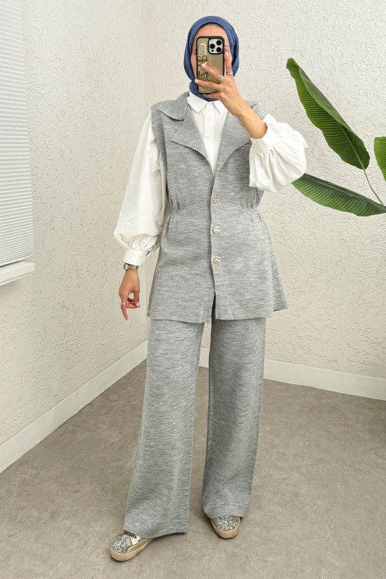 Büzgü Formlu Triko Pantolon Takım 00021 - GRİ