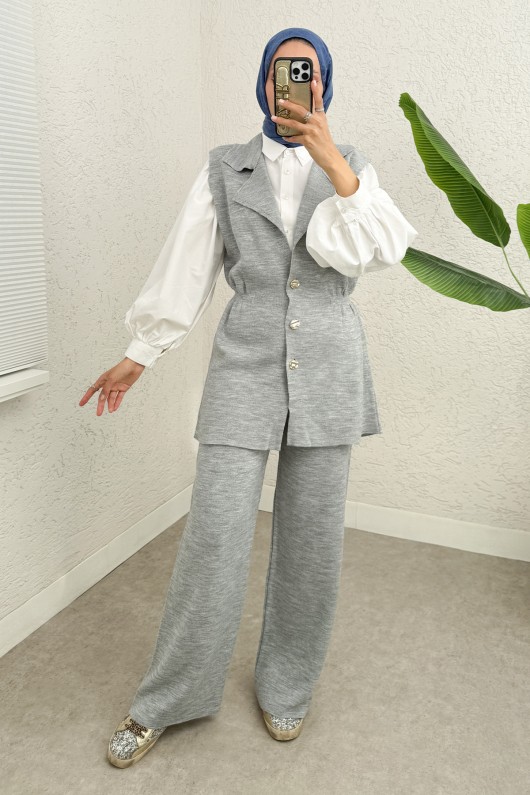 Büzgü Formlu Triko Pantolon Takım 00021 - GRİ Büzgü Formlu Triko Pantolon Takım 00021 - GRİ