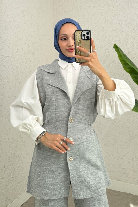 Büzgü Formlu Triko Pantolon Takım 00021 - GRİ Büzgü Formlu Triko Pantolon Takım 00021 - GRİ