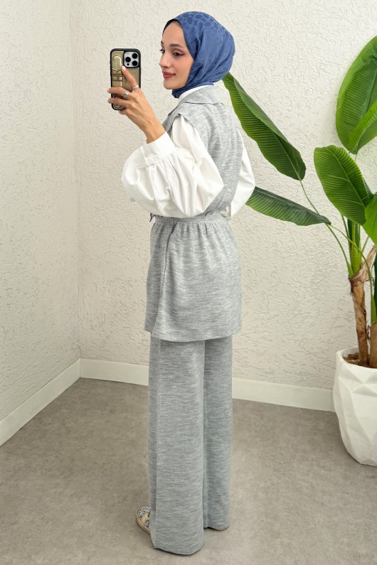 Büzgü Formlu Triko Pantolon Takım 00021 - GRİ Büzgü Formlu Triko Pantolon Takım 00021 - GRİ