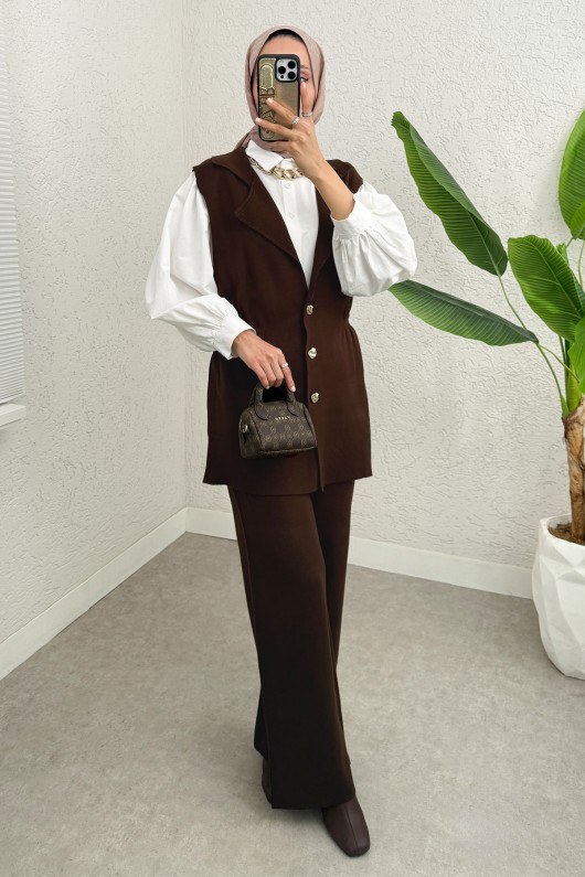 Büzgü Formlu Triko Pantolon Takım 00021 - KAHVERENGİ