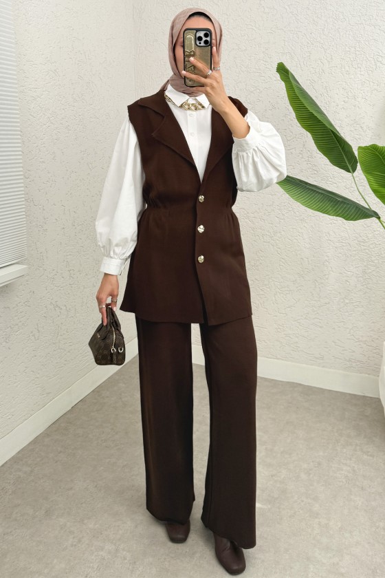 Büzgü Formlu Triko Pantolon Takım 00021 - KAHVERENGİ