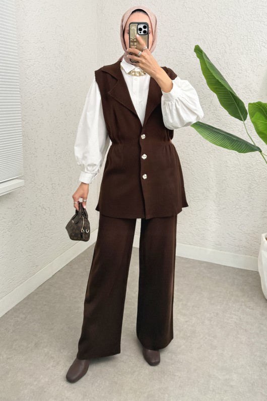 Büzgü Formlu Triko Pantolon Takım 00021 - KAHVERENGİ