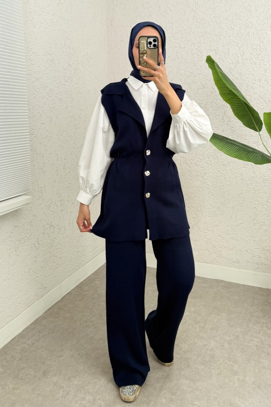 Büzgü Formlu Triko Pantolon Takım 00021 - LACİVERT