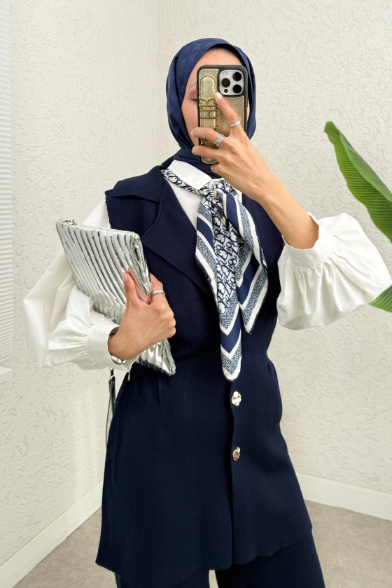 Büzgü Formlu Triko Pantolon Takım 00021 - LACİVERT Büzgü Formlu Triko Pantolon Takım 00021 - LACİVERT