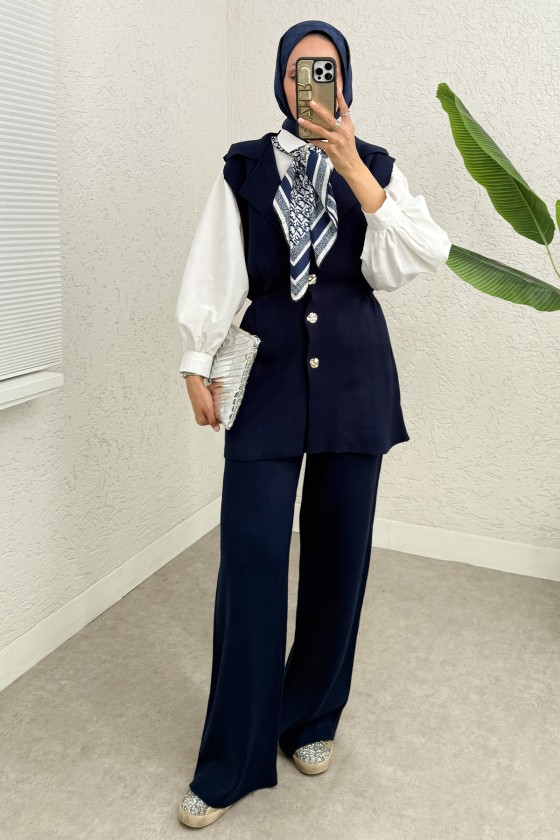 Büzgü Formlu Triko Pantolon Takım 00021 - LACİVERT