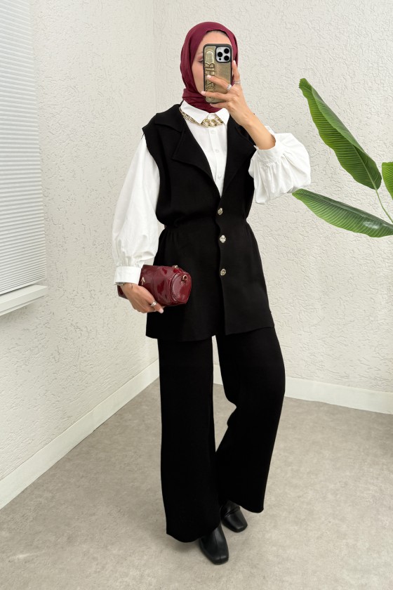 Büzgü Formlu Triko Pantolon Takım 00021 - SİYAH