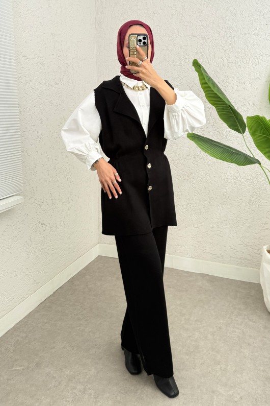 Büzgü Formlu Triko Pantolon Takım 00021 - SİYAH Büzgü Formlu Triko Pantolon Takım 00021 - SİYAH