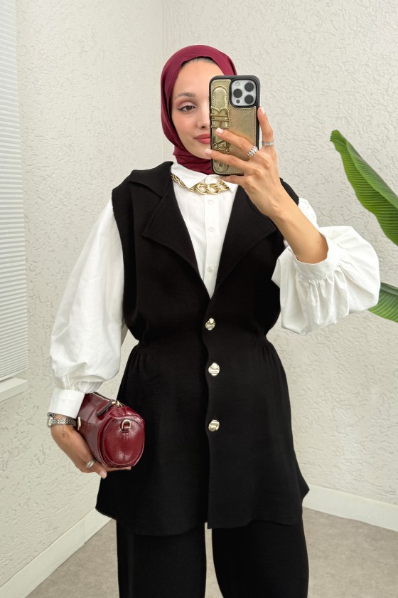 Büzgü Formlu Triko Pantolon Takım 00021 - SİYAH