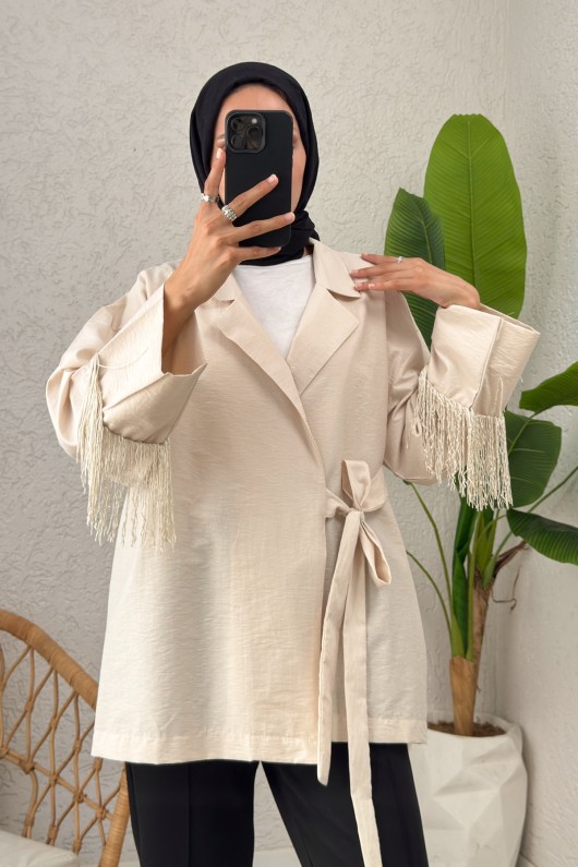 Kolları Püsküllü Kimono 0004 - BEJ