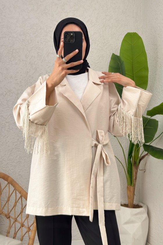 Kolları Püsküllü Kimono 0004 - BEJ