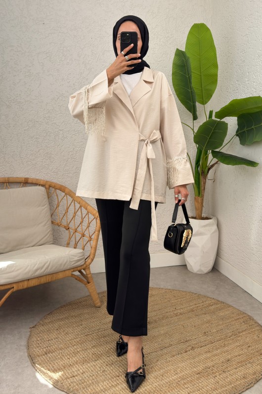 Kolları Püsküllü Kimono 0004 - BEJ