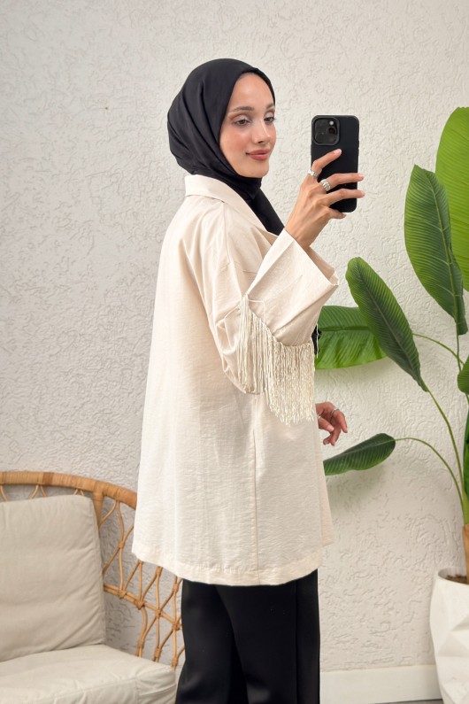Kolları Püsküllü Kimono 0004 - BEJ