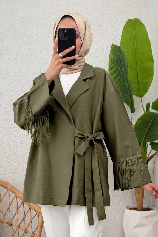 Kolları Püsküllü Kimono 0004 - KOYU HAKİ