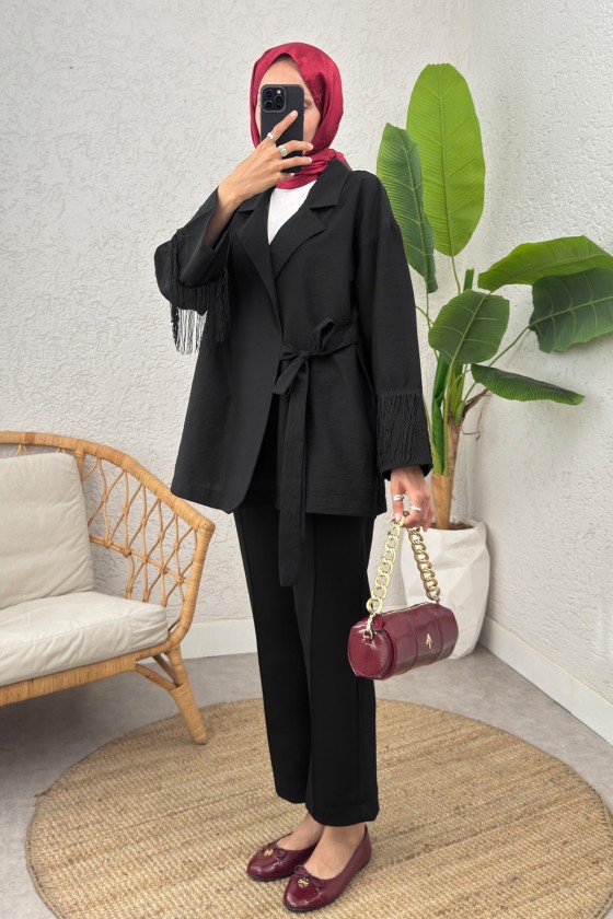 Kolları Püsküllü Kimono 0004 - SİYAH