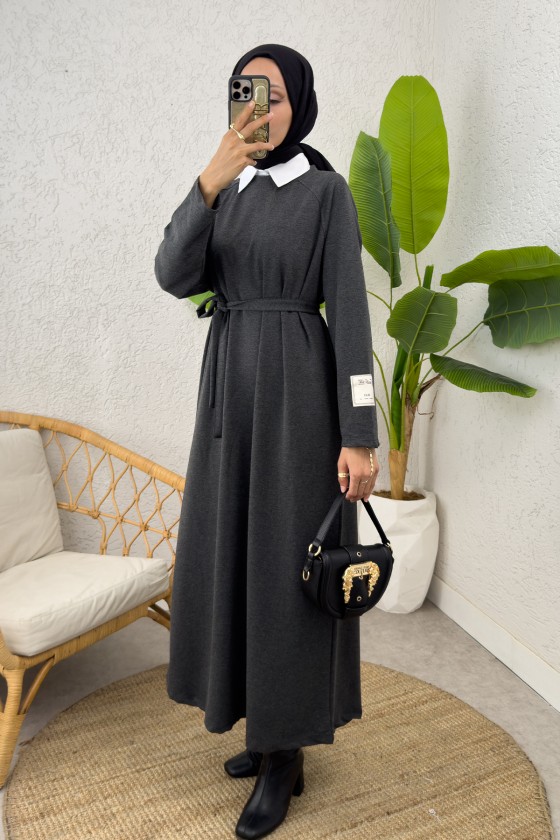 İki İplik Kuşaklı Elbise 0007 - ANTRASİT