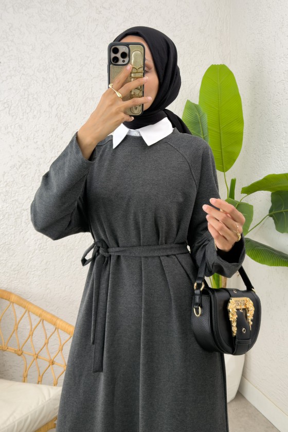 İki İplik Kuşaklı Elbise 0007 - ANTRASİT