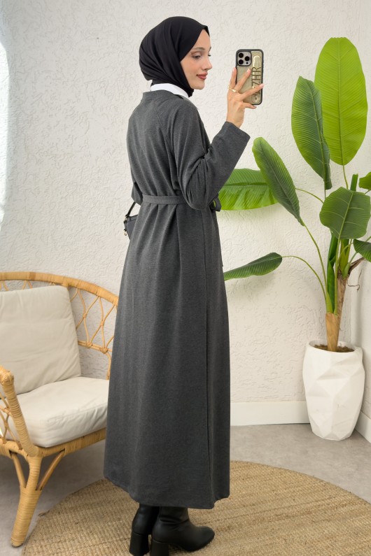 İki İplik Kuşaklı Elbise 0007 - ANTRASİT İki İplik Kuşaklı Elbise 0007 - ANTRASİT