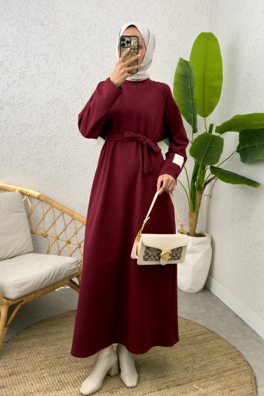 İki İplik Kuşaklı Elbise 0007 - BORDO