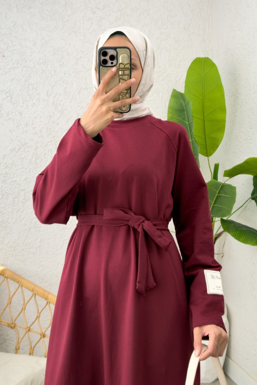 İki İplik Kuşaklı Elbise 0007 - BORDO
