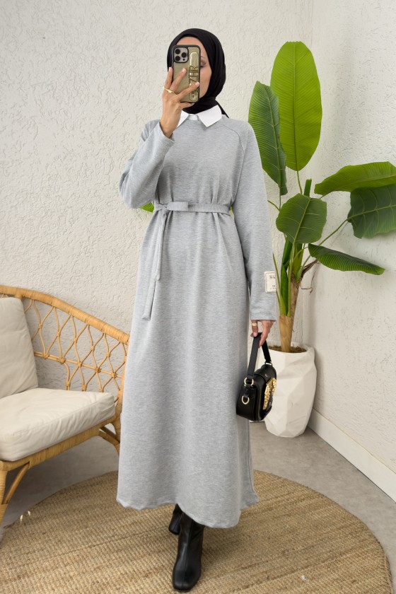 İki İplik Kuşaklı Elbise 0007 - GRİ