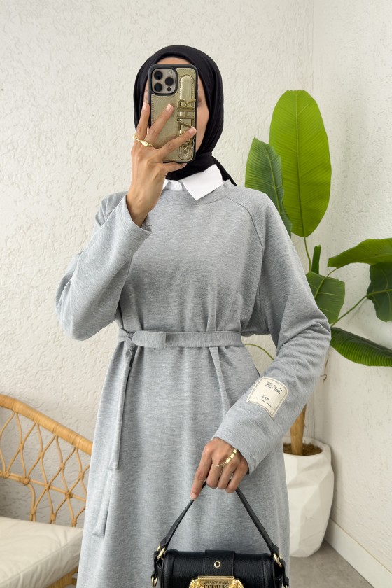 İki İplik Kuşaklı Elbise 0007 - GRİ