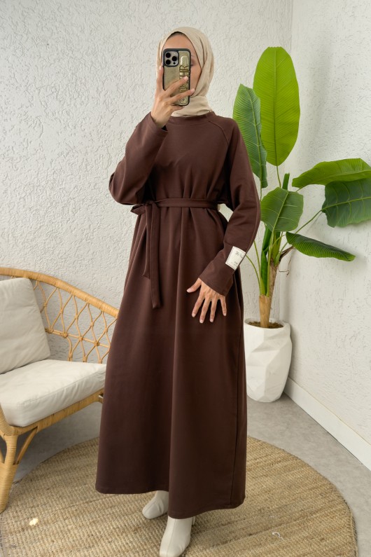 İki İplik Kuşaklı Elbise 0007 - KAHVERENGİ