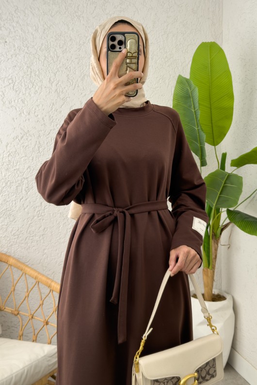 İki İplik Kuşaklı Elbise 0007 - KAHVERENGİ