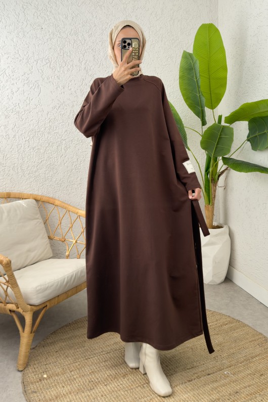 İki İplik Kuşaklı Elbise 0007 - KAHVERENGİ