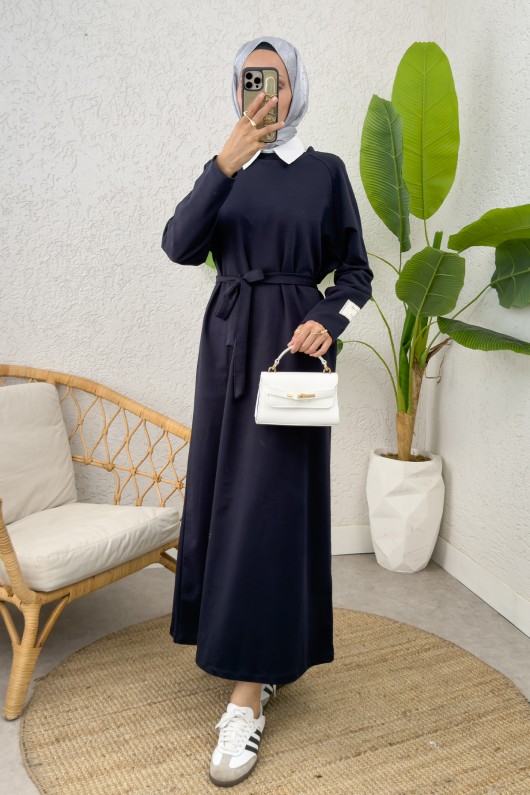 İki İplik Kuşaklı Elbise 0007 - LACİVERT