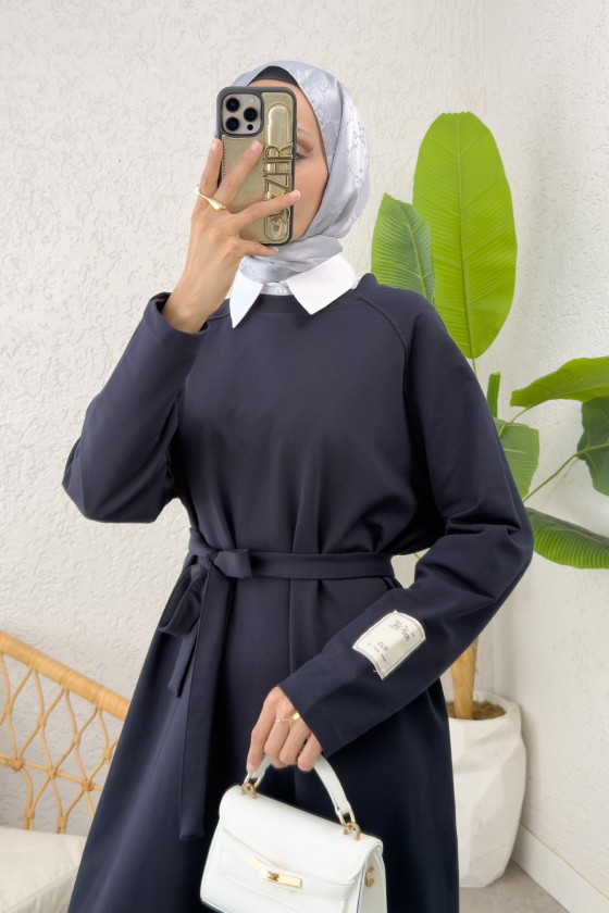 İki İplik Kuşaklı Elbise 0007 - LACİVERT İki İplik Kuşaklı Elbise 0007 - LACİVERT