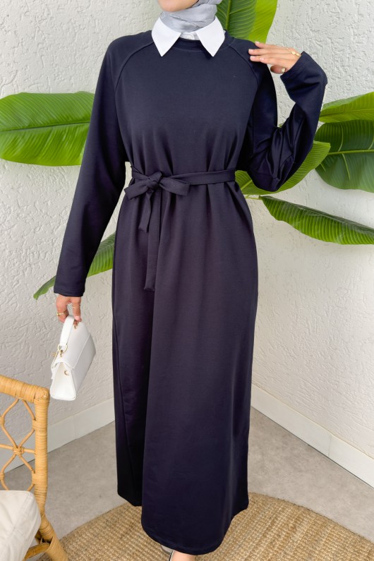 İki İplik Kuşaklı Elbise 0007 - LACİVERT
