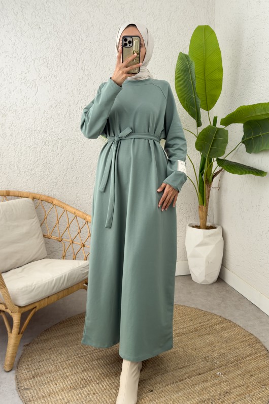 İki İplik Kuşaklı Elbise 0007 - MİNT YEŞİLİ