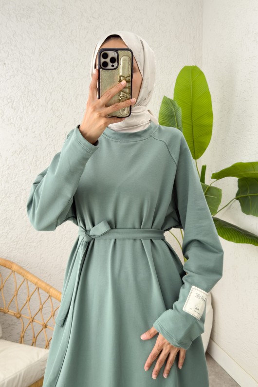 İki İplik Kuşaklı Elbise 0007 - MİNT YEŞİLİ