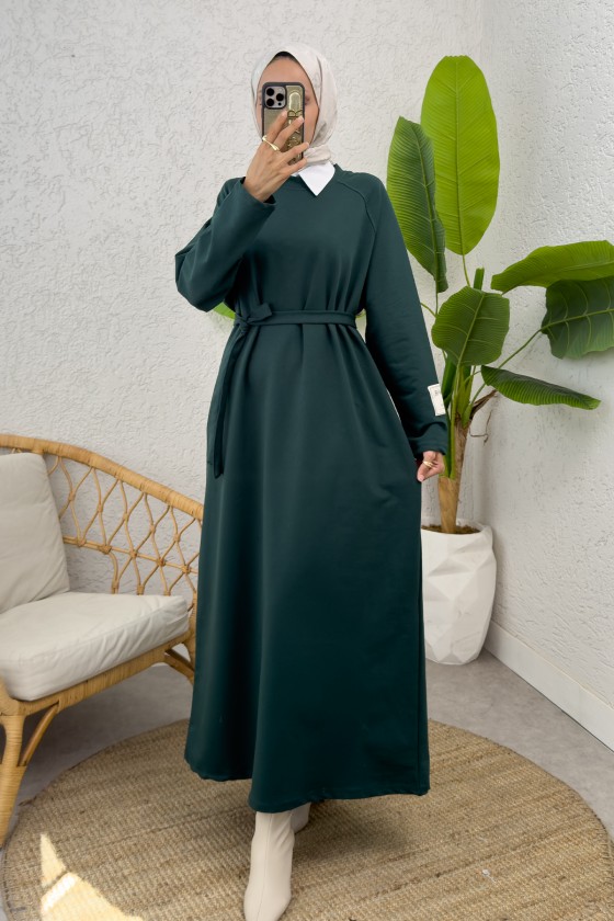 İki İplik Kuşaklı Elbise 0007 - ZÜMRÜT YEŞİLİ