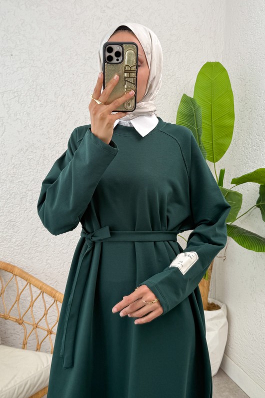 İki İplik Kuşaklı Elbise 0007 - ZÜMRÜT YEŞİLİ