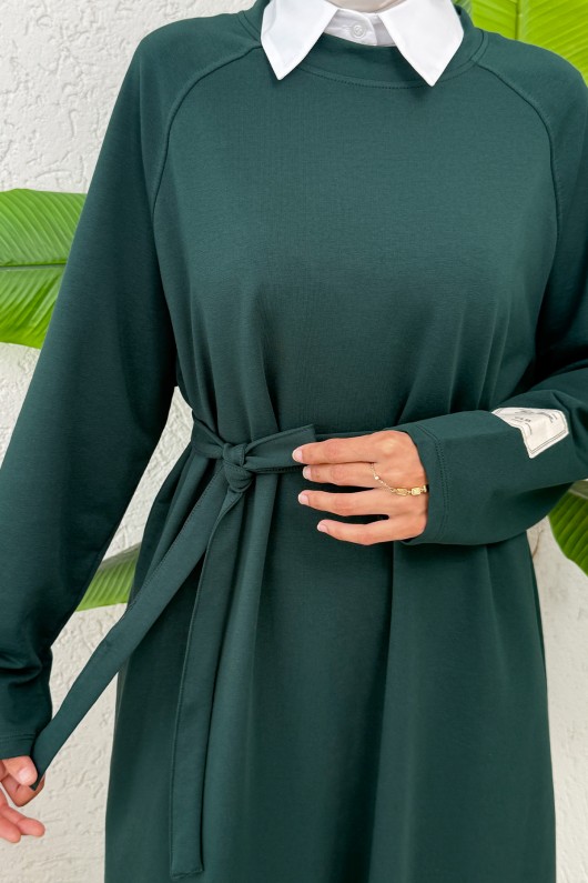 İki İplik Kuşaklı Elbise 0007 - ZÜMRÜT YEŞİLİ