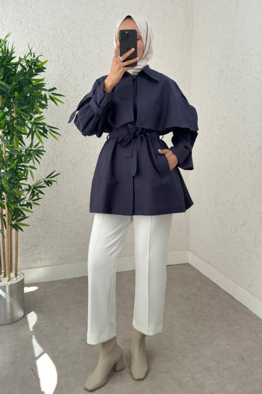 Panço Detaylı Trençkot 0009 - LACİVERT Panço Detaylı Trençkot 0009 - LACİVERT