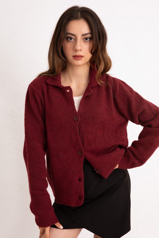 Düğmeli Yakalı Triko Hırka 00104 - BORDO