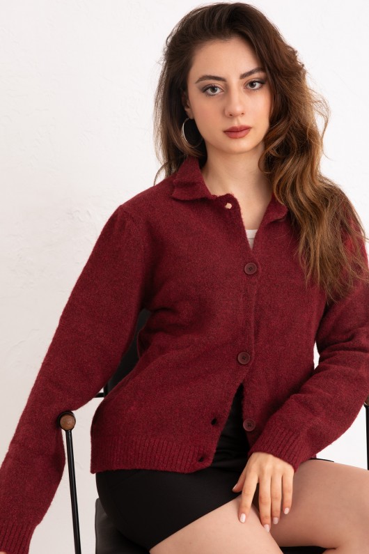 Düğmeli Yakalı Triko Hırka 00104 - BORDO